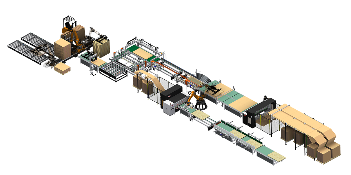 Automatic packaging line with variable measures fefco0410 with internal box carton reinforcements